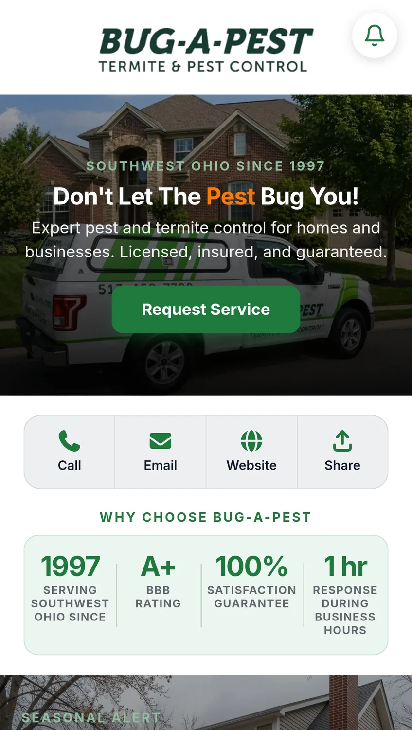 The Bug-A-Pest app on a phone, with call, email, website and share buttons