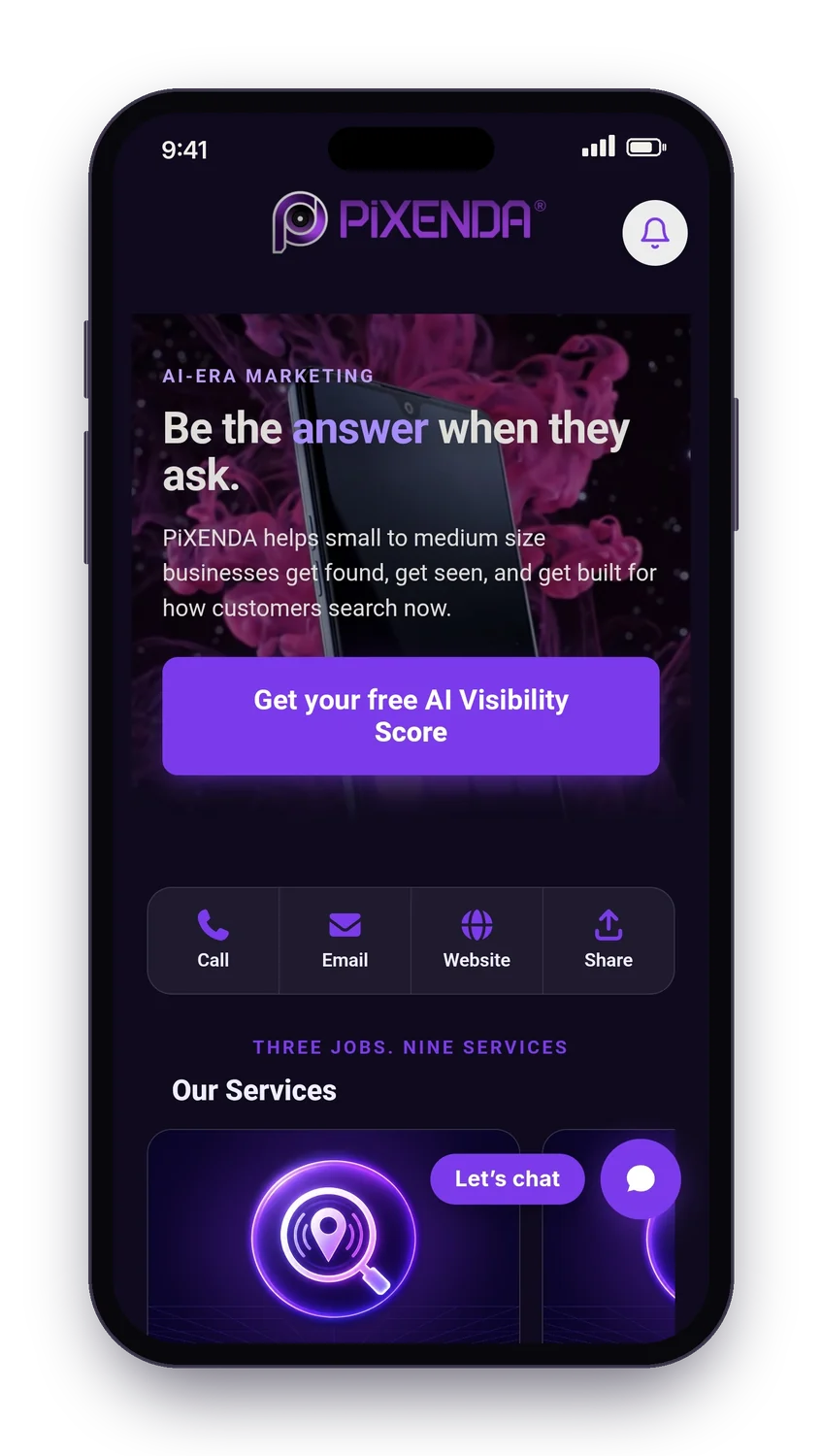 The live PiXENDA App on a phone: Be the answer when they ask, with a button to get a free AI Visibility Score