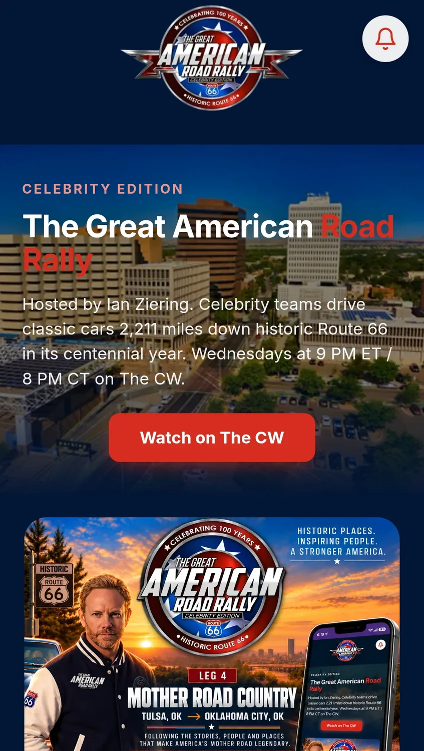 The Great American Road Rally app on a phone, with the season schedule and a Watch on The CW button