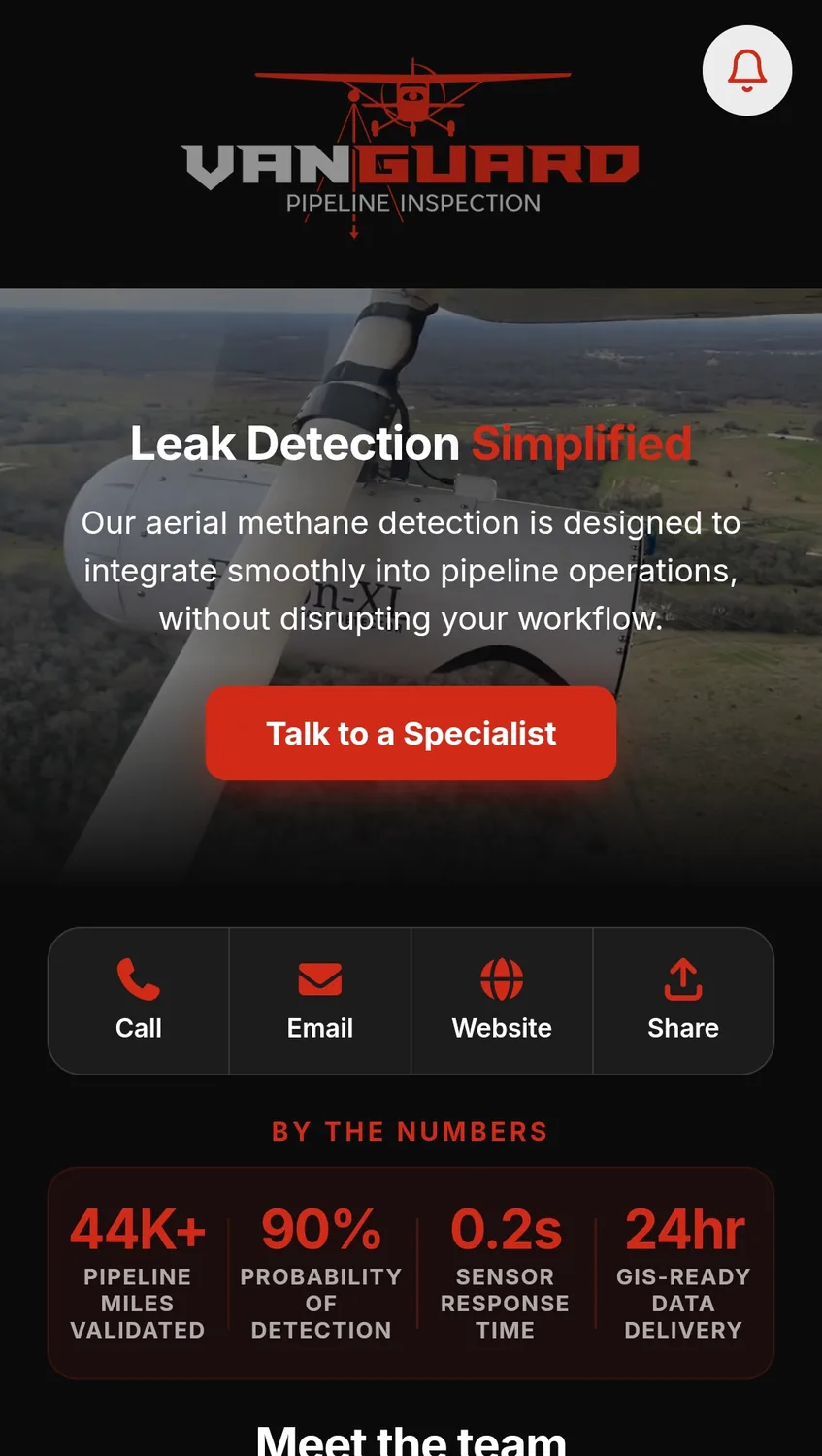 The Vanguard Pipeline Inspection app on a phone, with leak detection details and one-tap contact buttons