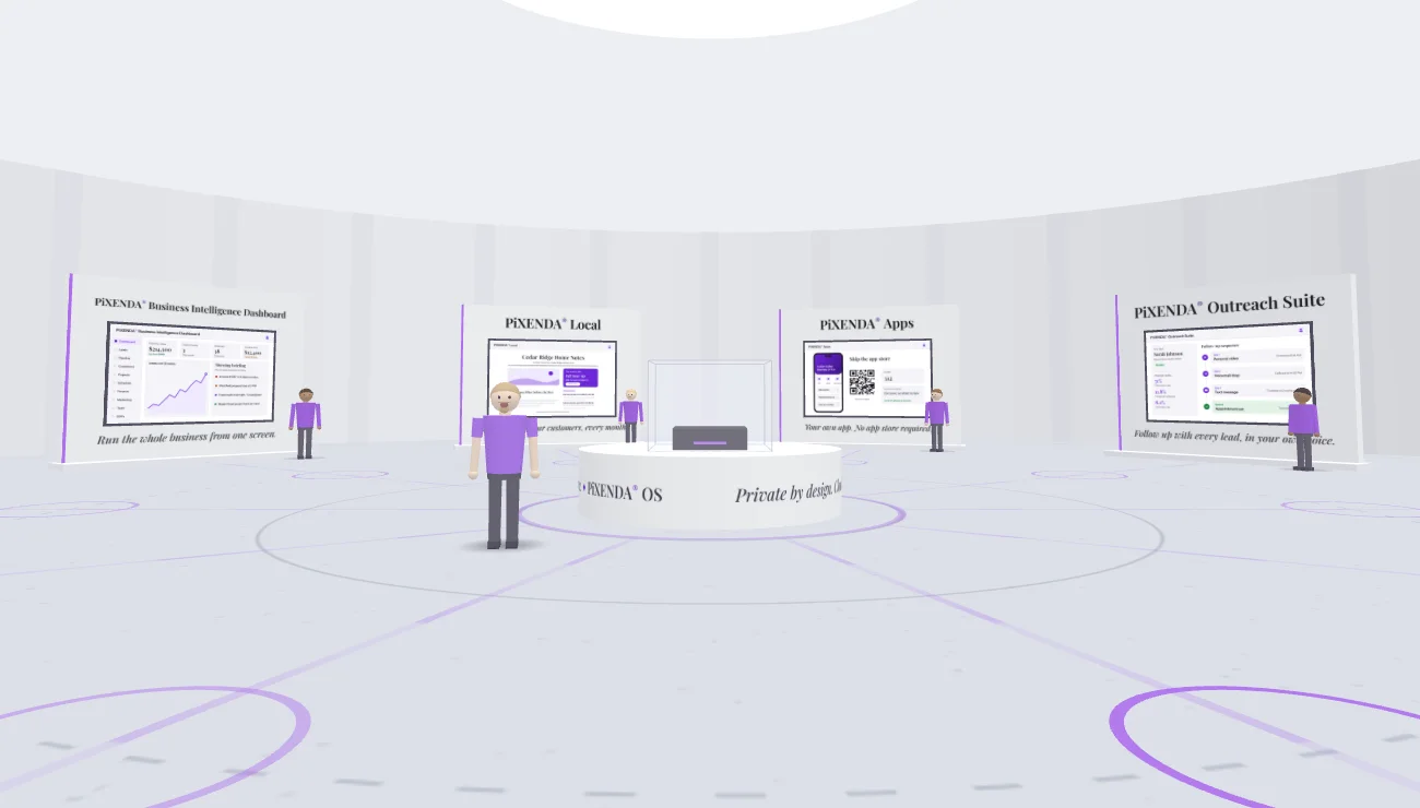 Inside the PiXENDA® OS Hall: product booths around a central pedestal, with a guide at every booth