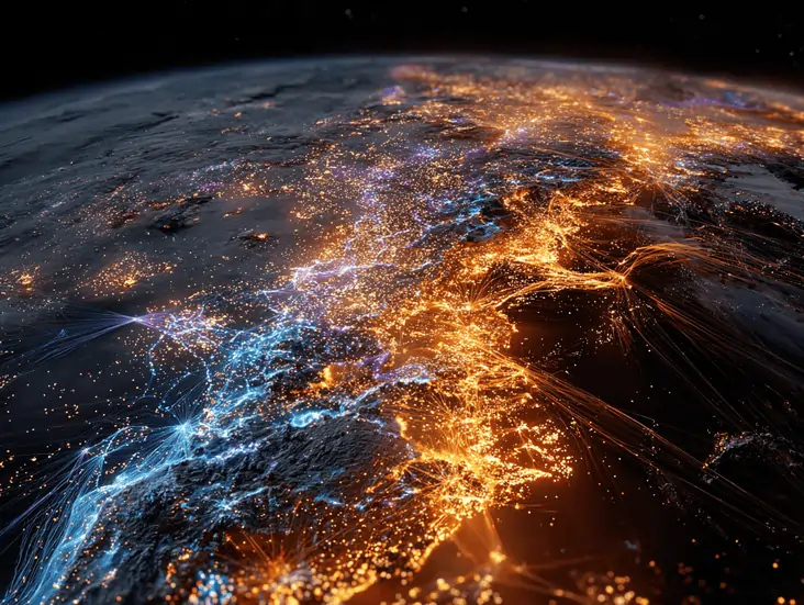 The Future of AI: Building the Human Energy Grid 3 A stunning aerial view of Earth at night showing