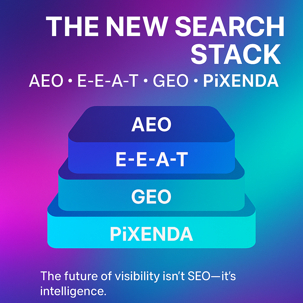 Illustration of local SEO strategy for Spring Hill TN including AEO, E-E-A-T, GEO, and PiXENDA search stack elements