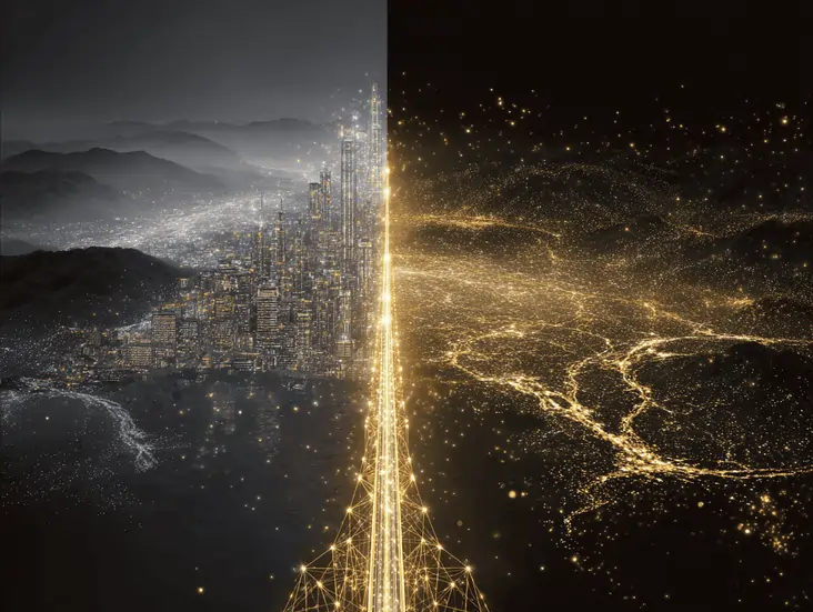 The Future of AI: Building the Human Energy Grid 7 Split screen composition Left side shows traditiopng