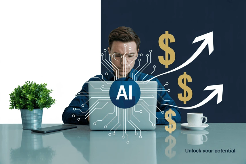 How to Build Your First Business with AI: The Complete 2026 Guide 2 Confident entrepreneur working on laptop with AI automation symbols and revenue indicators floating around modern home office